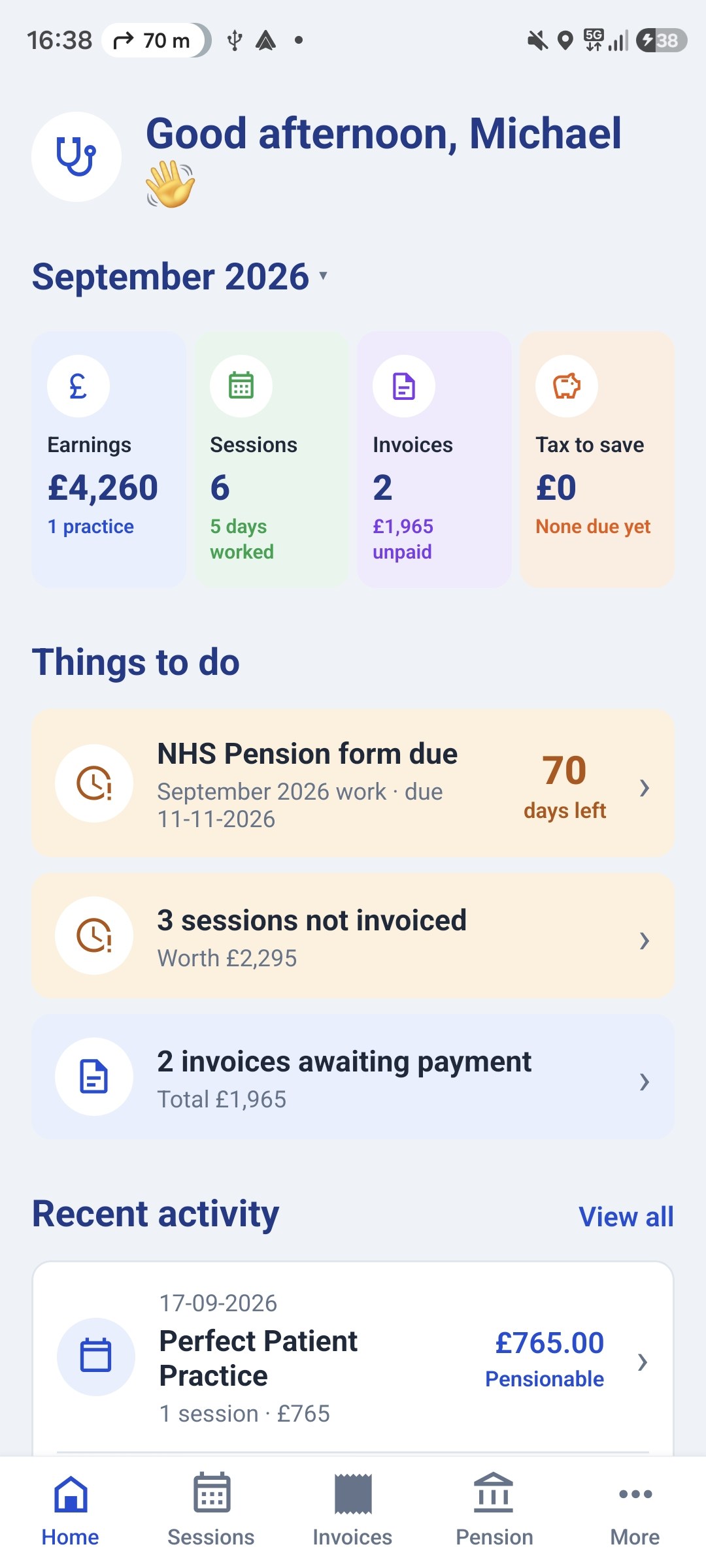 The GP Locum home screen, showing this month's earnings, sessions and deadlines