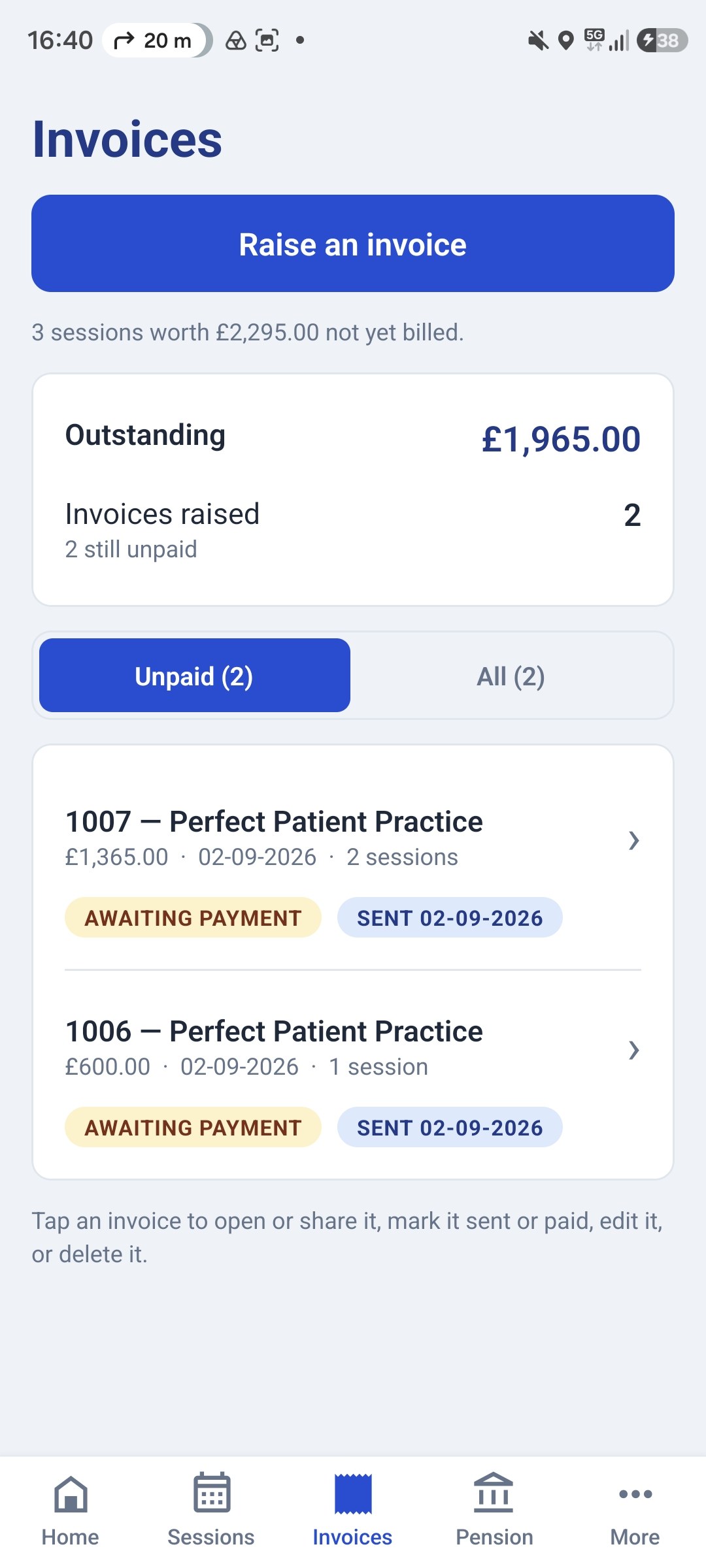 The invoices screen, showing what is raised and still unpaid