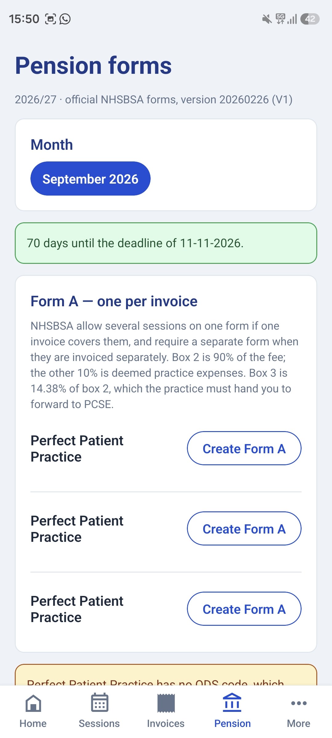 NHS Pension Form A and Form B in the app, with the deadline counting down
