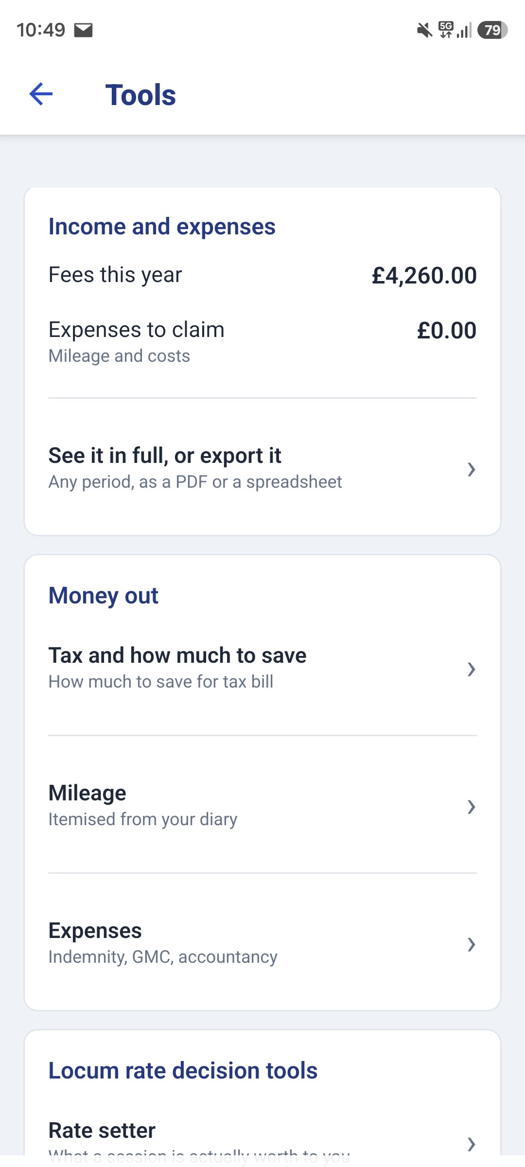 The Tools screen, showing fees for the year, expenses to claim and the tax figures